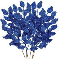 KUNSTZWEIG 6-teiliges Set Glitzernde Eichenblätter Blau 58 cm - Blau, Kunststoff (16cm)