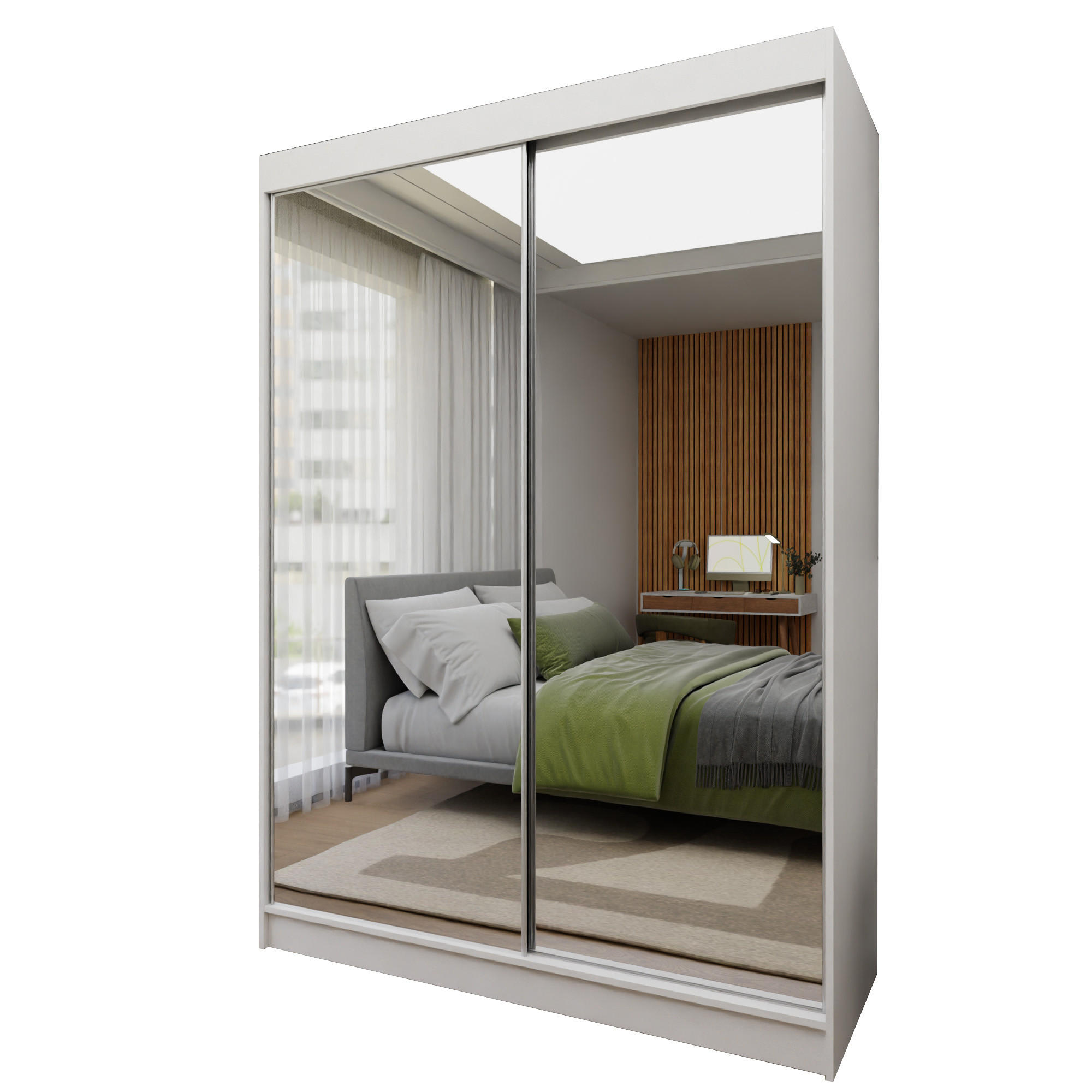 SCHWEBETÜRENSCHRANK BELLINA 150/216/61 cm 2-türig mit Spiegel Weiß - Weiß, Holzwerkstoff (150/216/61cm) - MASSENO
