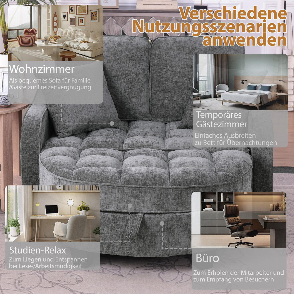SCHLAFSOFA 2-in-1 mit Hocker und Stauraum, Dunkelgrau - Dunkelgrau, Holz (132/93/129cm)