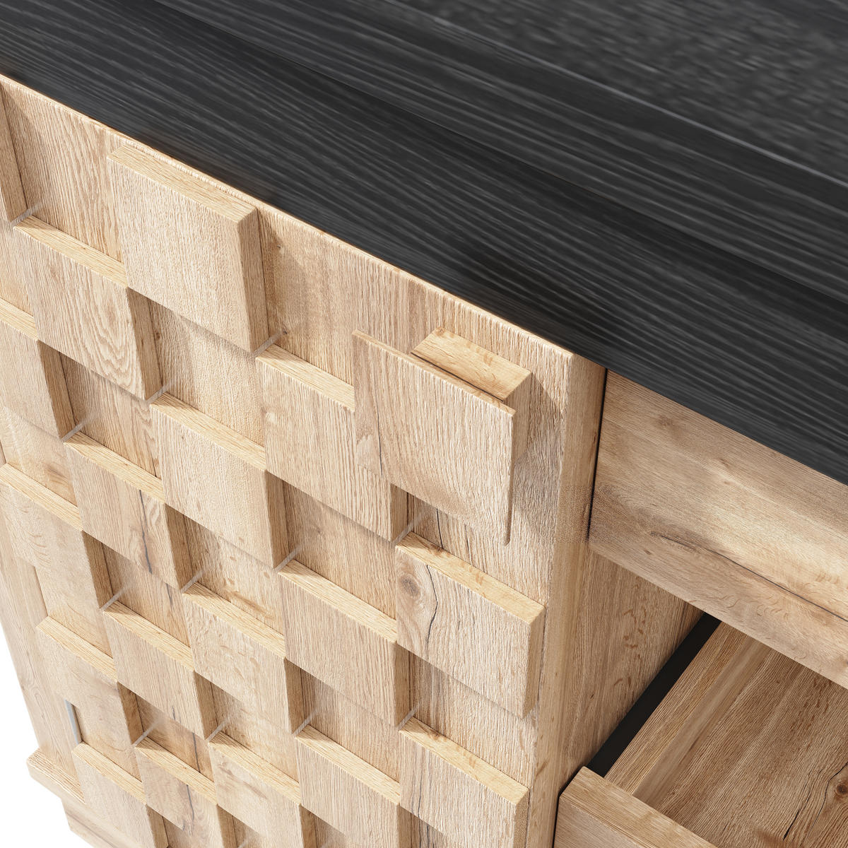 KÜCHENINSEL-ESSTISCH Naturfarben 120–197×40×74,2 cm mit 360° drehbarer Platte, Patchwork-Türen und Weinregal aus Holzwerkstoff - Naturfarben, Holzwerkstoff (120/74.2/40cm) - Luhomfu