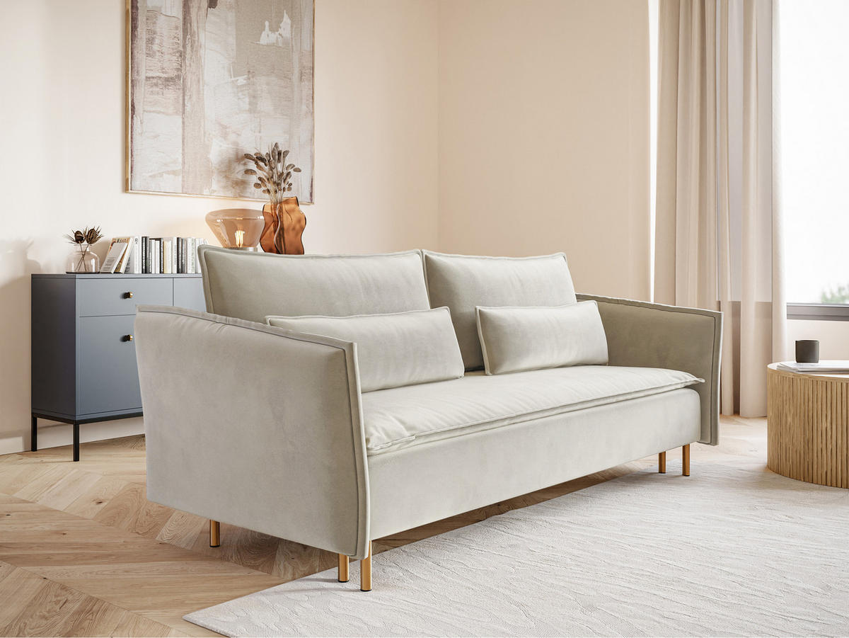 SCHLAFSOFA Ummo Graubeige Velours - Greige/Goldfarben, Textil/Metall (230/88/90cm) - Selsey