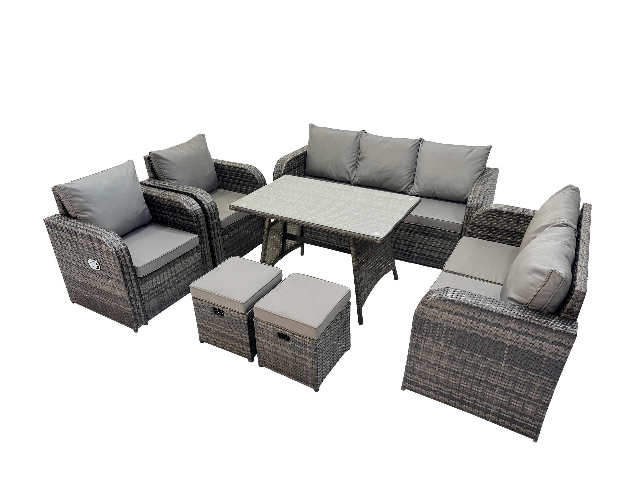 GARTENMÖBEL SET Polyrattan Dunkelgrau 9-Sitzer - Dunkelgrau/Grau, Glas/Kunststoff - Fimous