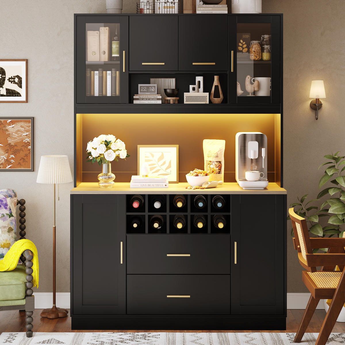 BUFFETSCHRANK Kombi Schwarz 120/36.3/180 cm - Schwarz, Holz (120/180/36.3cm) - PANGIVO
