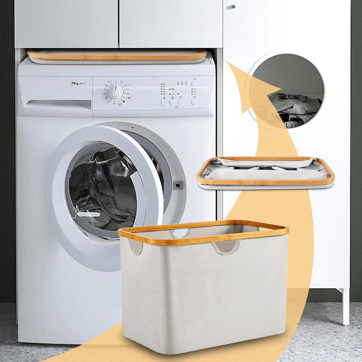 WÄSCHEKORB 68L Beige Stoff Bambus Faltbar mit Henkel - Beige, Naturmaterialien (34/37/54cm)