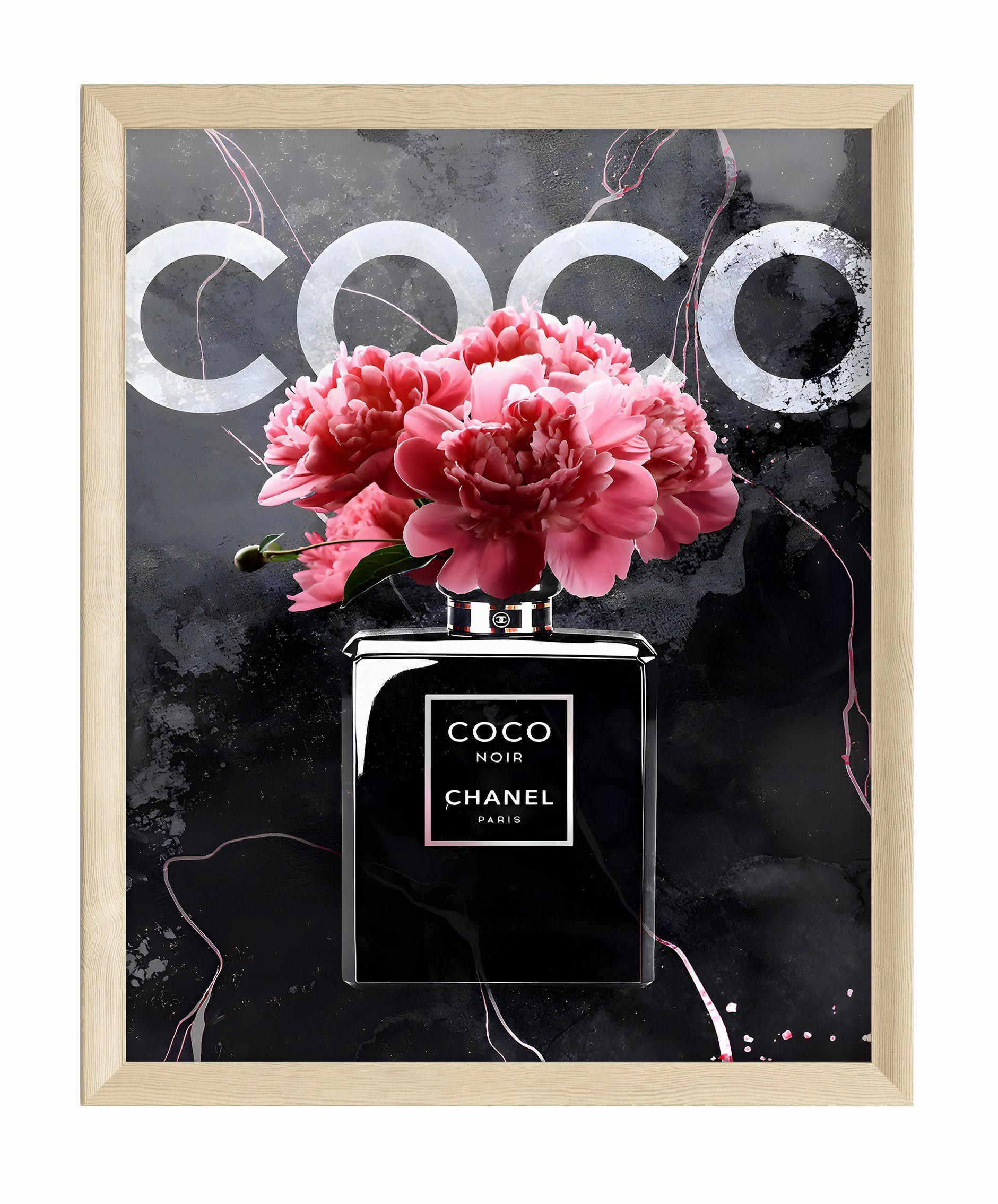 POSTER Coco Noir – Elegantes Parfüm-Flakon mit Pfingstrosen - ohne Rahmen - Schwarz/Rosa, Naturmaterialien (10/15/0.1cm) - Justgoodmood
