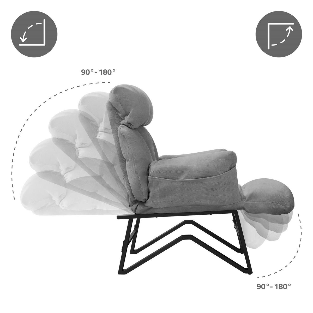 RELAXSESSEL Grau Leinenbezug verstellbar mit Armlehnen und Fußablage - Schwarz/Grau, Textil/Metall (85/102/82cm) - ML-DESIGN
