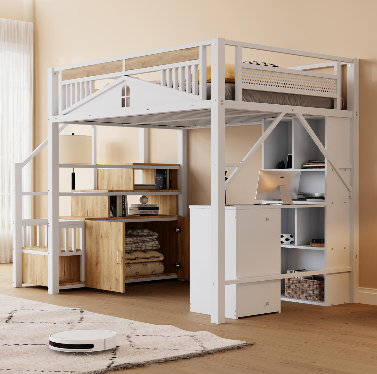 HOCHBETT 140/200 cm mit Treppe, Stauraum und Sicherheitszaun im Fensterdesign, Weiß - Weiß, Metall (140/200cm) - Redom