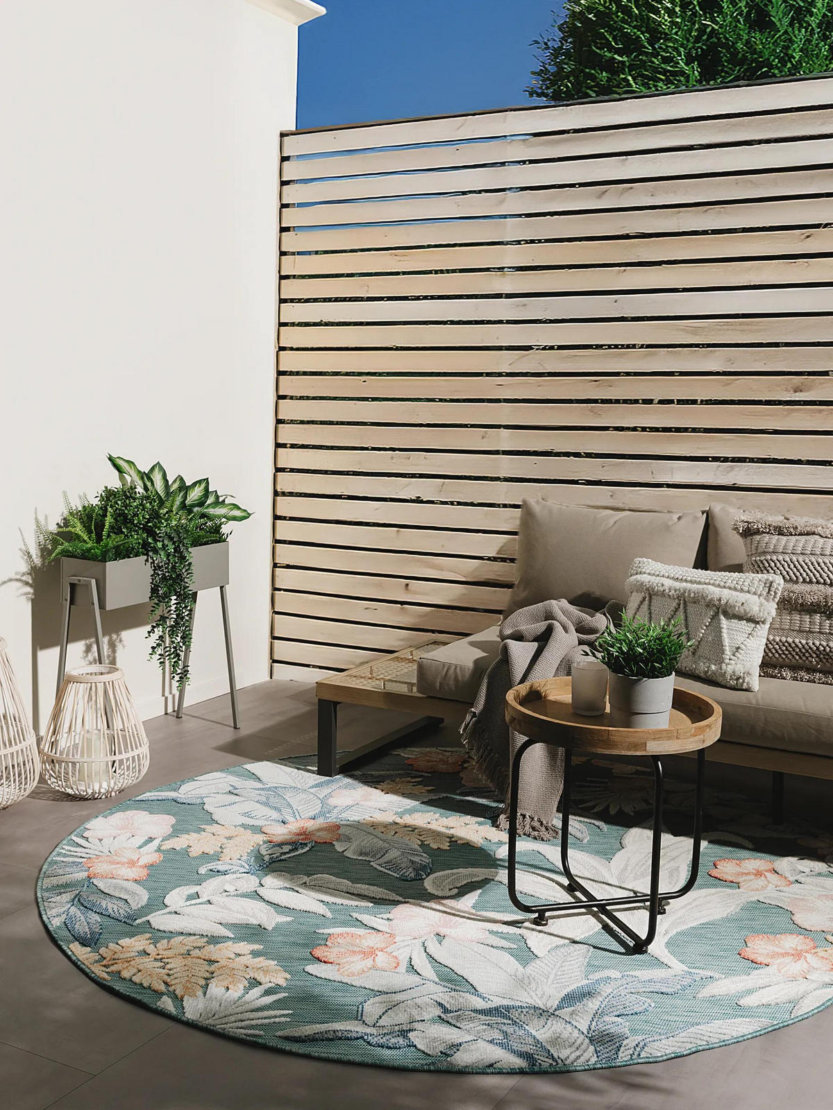 OUTDOORTEPPICH Flora Multicolor ø 200 cm rund - Blau/Creme, Kunststoff (200/200cm) - benuta