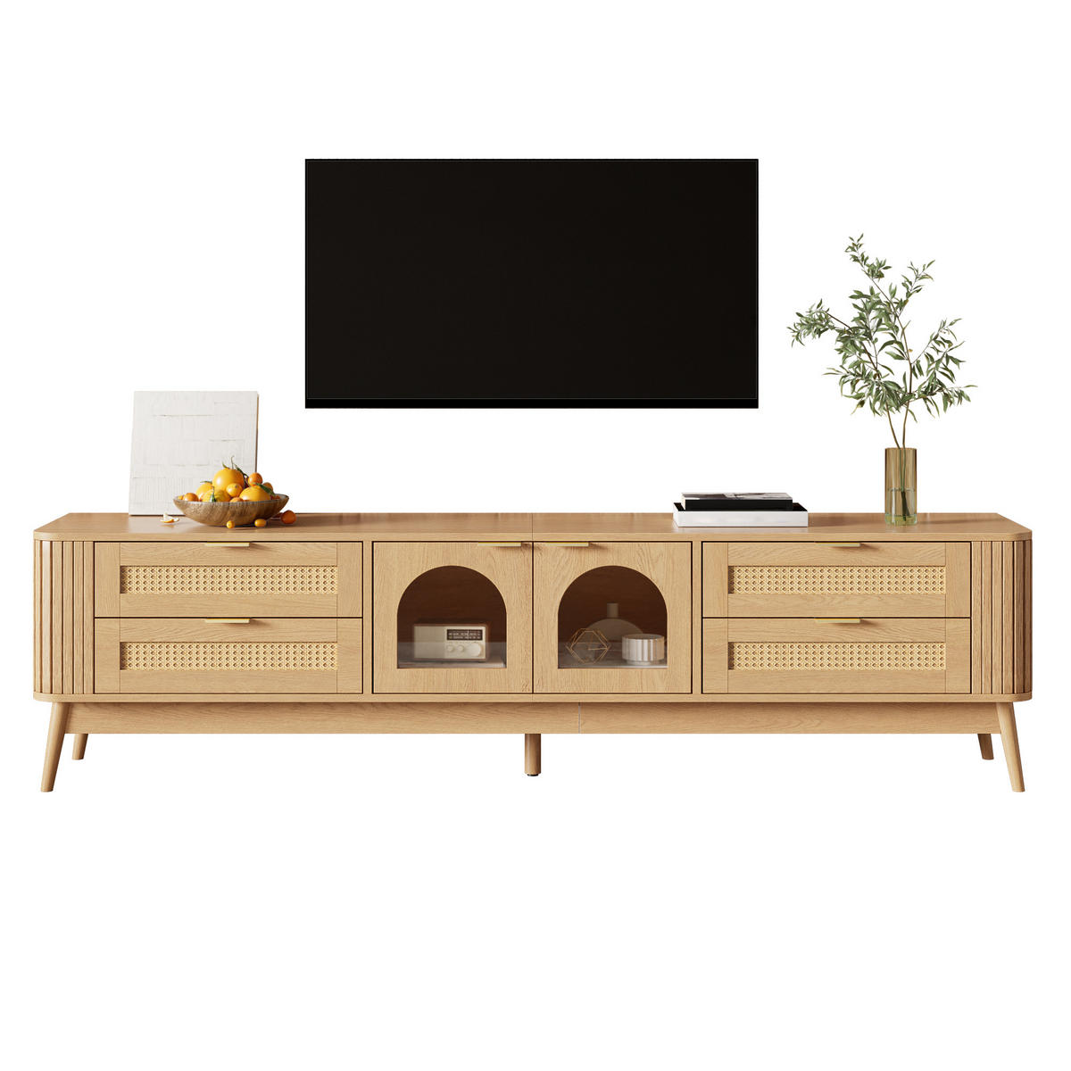 TV-RACK 180x40x50cm Naturfarben mit LED-Beleuchtung und Glastüren - Naturfarben, Holz (38.89/19.51/106.5cm) - Raelunyi