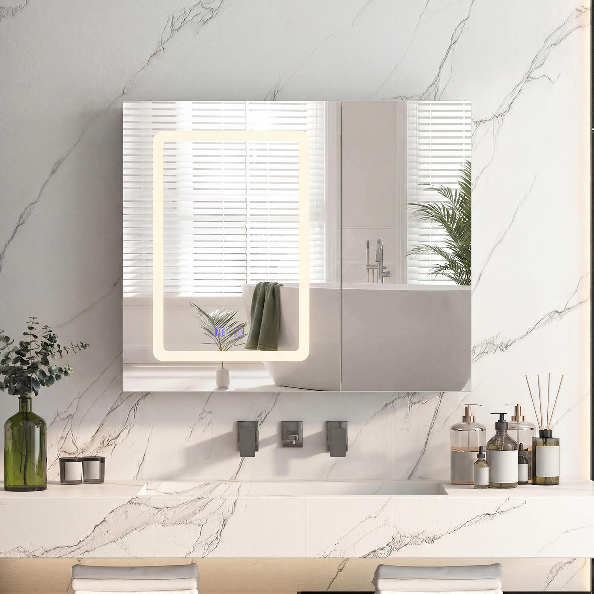 SPIEGELSCHRANK Weiß 70x60cm mit 3 Lichtfarben & Antibeschlag - Weiß, Glas (70/60/13.5cm) - SHOPENTRA