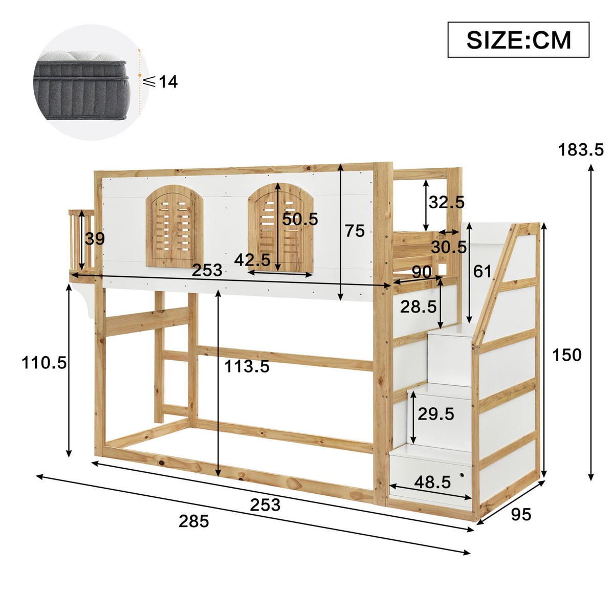 HOCHBETT 90x200 cm in Natur/Weiß mit Treppenschrank und Spielfläche - Weiß, Holz (90/200cm) - IVMEU