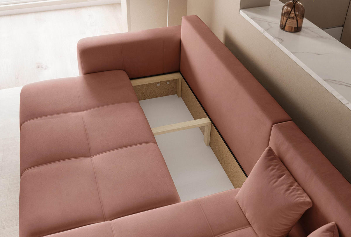ECKSOFA Puderrosa Velours mit Bettkasten und Schlaffunktion - Rosa, Textil (248/145cm) - Idohome
