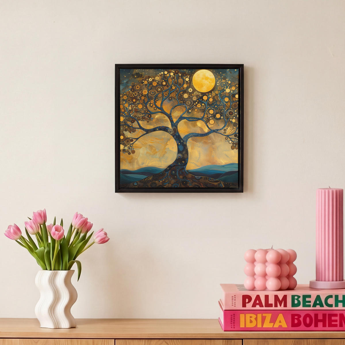 LEINWAND Bilder mit Rahmen - Baum - Mond - Blumen - Gold - Kunst - 20x20 - Orange, Textil (20/20cm) - MuchoWow
