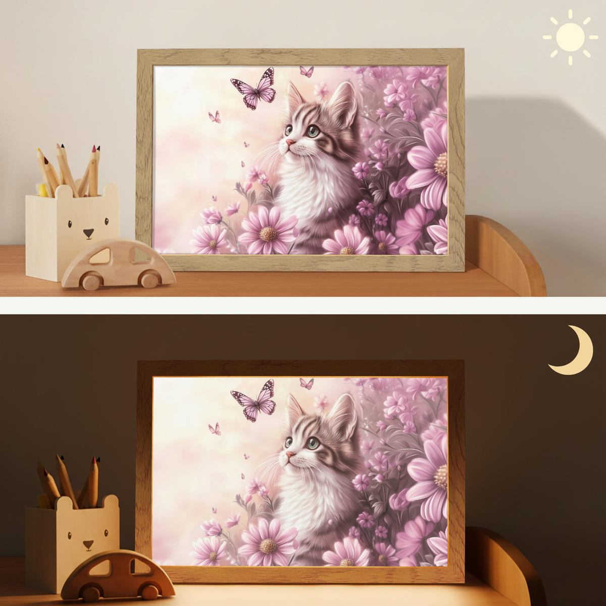 NACHTTISCHLAMPE Kätzchen - Blumen - Schmetterlinge - Lila 30x20 cm - Altrosa, Holzwerkstoff (8/30/20cm)