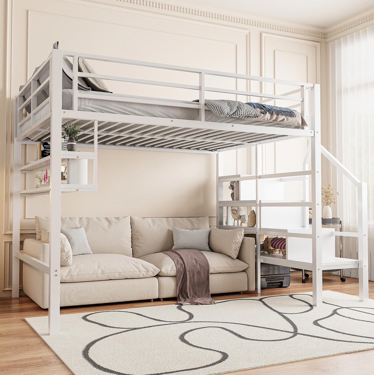 HOCHBETT aus Metall und MDF 140x200 cm Weiß mit Stauraumleiter, Regalen und Freiraum - Weiß, Metall (140/200cm) - IVMEU