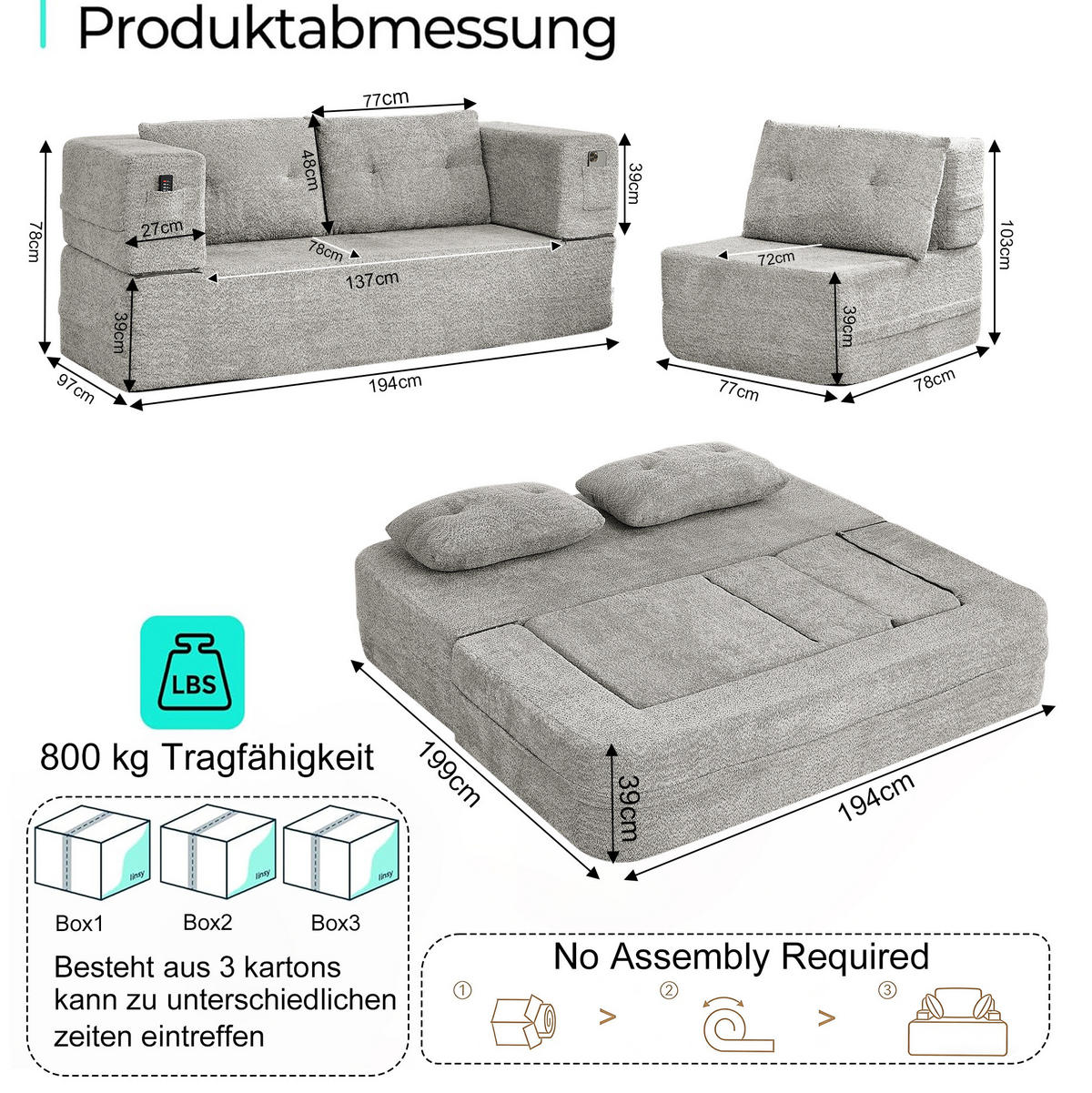 SCHLAFSOFA aus Stoff Hellgrau klappbar als 2-in-1 Modulsystem mit Sessel und Seitentaschen - Hellgrau, Textil (199/39/194cm) - Modfu