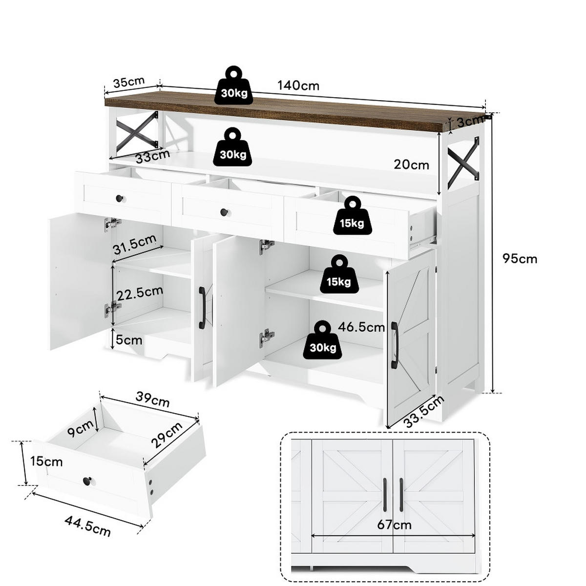 KÜCHENINSEL BUFFET-ANRICHTE mit 3 Schubladen und Türen, Landhausstil, Weiß-Braun, 140 cm - Braun, Kunststoff (35/95/140cm) - Rolipo