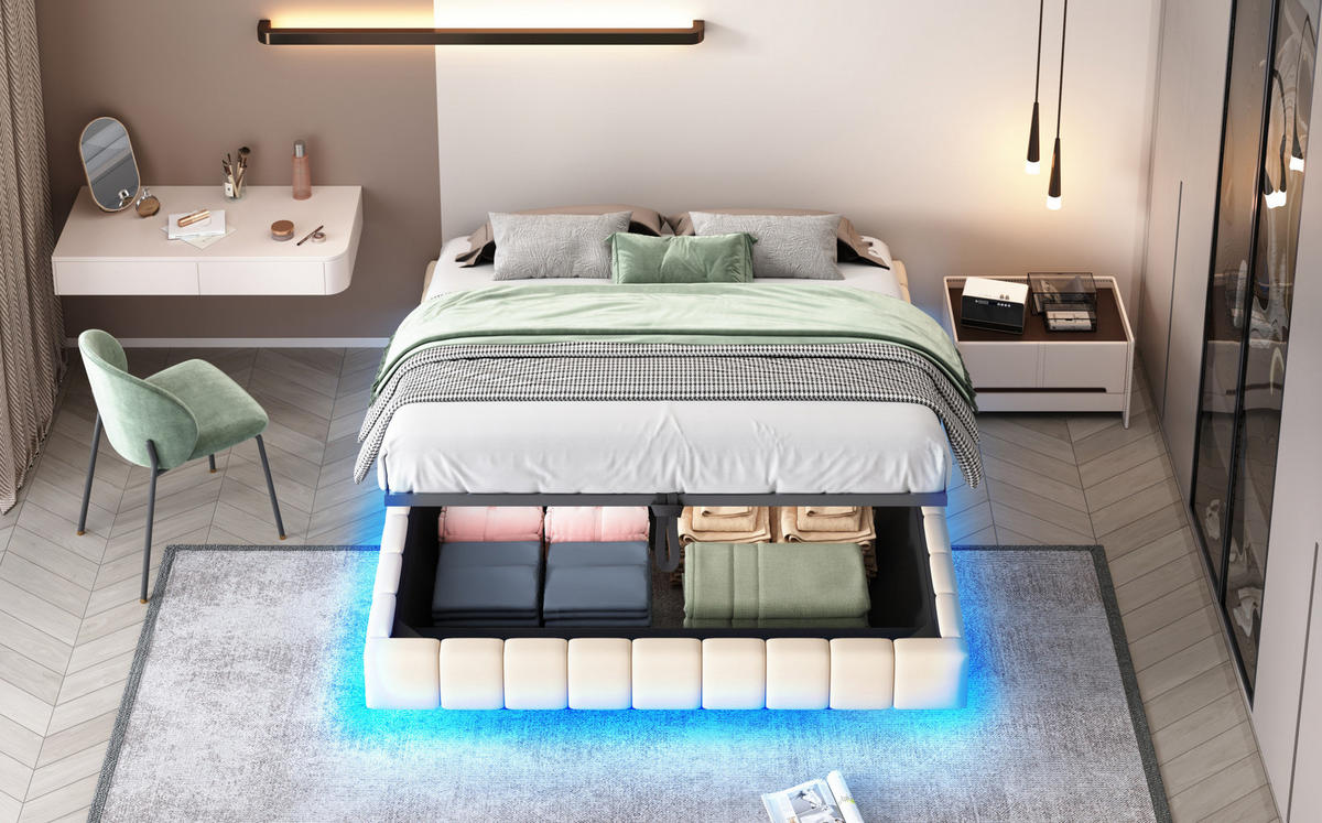 POLSTERBETT 160/200 cm Beige aus Stoff mit LED-Lichtleiste - Beige, Textil (160/200cm) - OKMYHOME