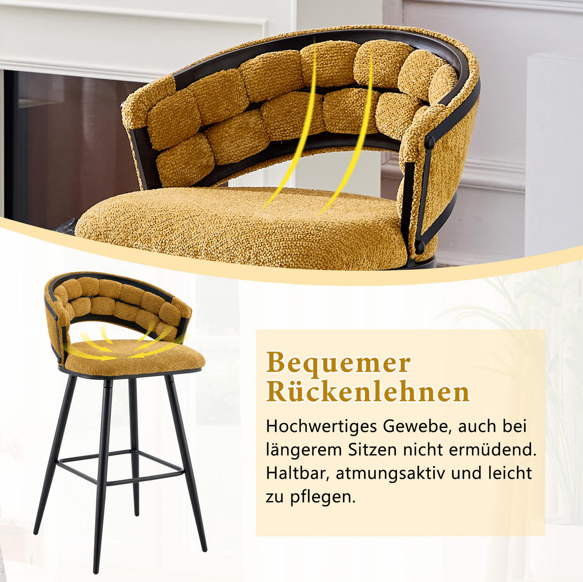 BARHOCKER mit Samtbezug Gelb Schwarz Metall 2er-Set - Gelb, Metall (50.5/98.5/56.1cm) - Meubliv