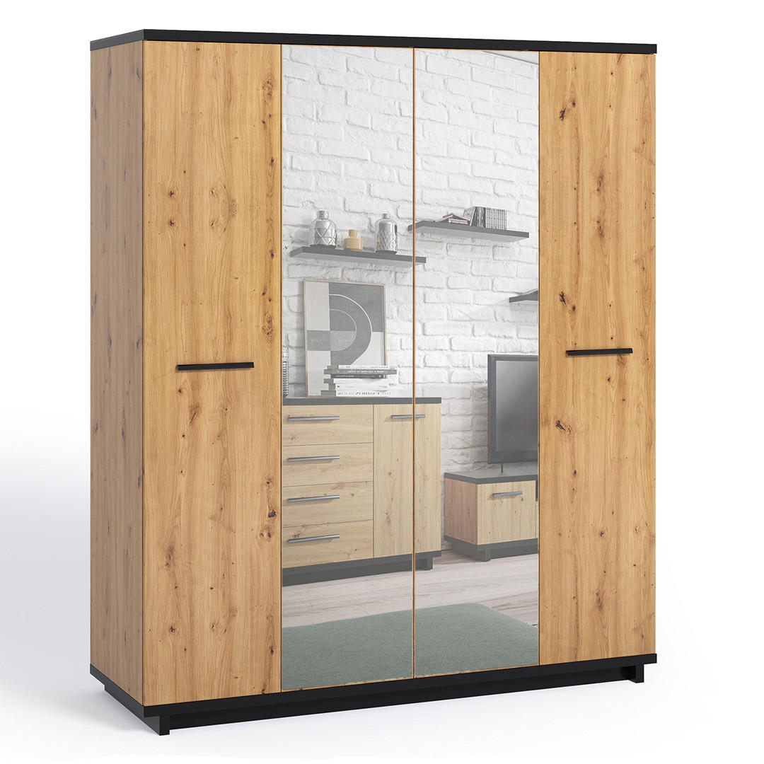 DREHTÜRENSCHRANK Zonda 180/215/60 mit Spiegel 4-türig - Schwarz/Eiche Artisan, Holzwerkstoff/Kunststoff (180/215/60cm) - Ravio