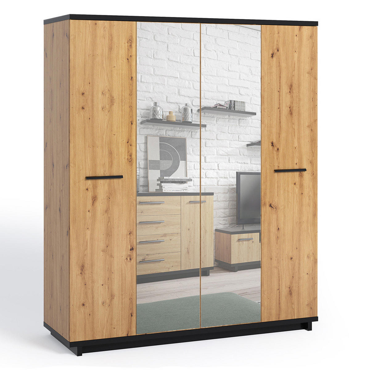 DREHTÜRENSCHRANK Zonda 180/215/60 mit Spiegel 4-türig - Schwarz/Eiche Artisan, Holzwerkstoff/Kunststoff (180/215/60cm) - Ravio