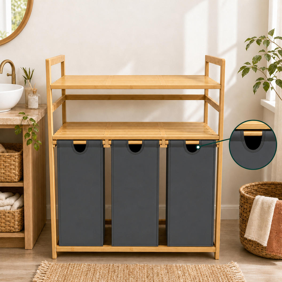 WÄSCHESAMMLER Natur Grau 3er-Set Bambus - Multicolor, Holz/Textil (78/100/41.5cm) - Relaxdays