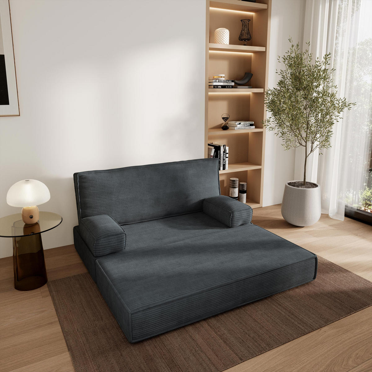 POHOVKA z pěny LADIA s funkcí spaní Manšestrová látka Grafitová - tmavě šedá/antracitová, textil (140/86/60cm) - MASSENO
