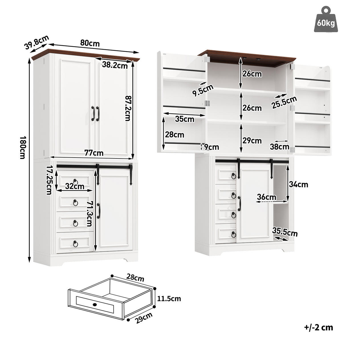 BUFFETSCHRANK Soft-Close Weiß 80/39.8/180 cm - Weiß, Holz (80/180/39.8cm) - PANGIVO