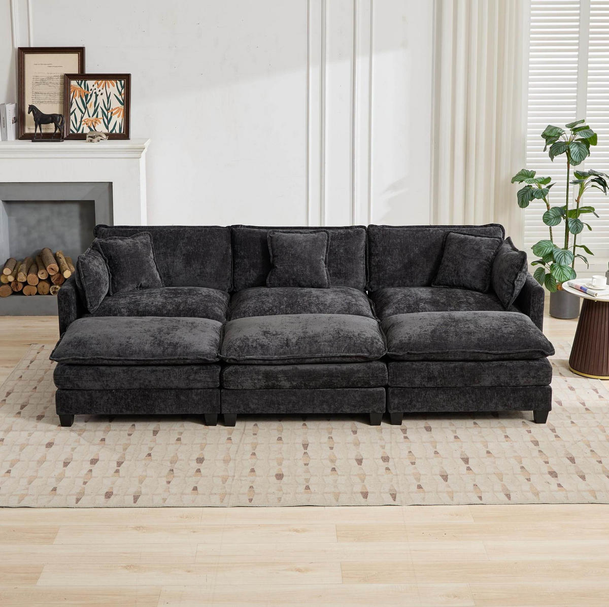 SOFA modular 3-Sitzer Chenille Schwarz - Schwarz, Holz (75/84/289cm) - Meubliv