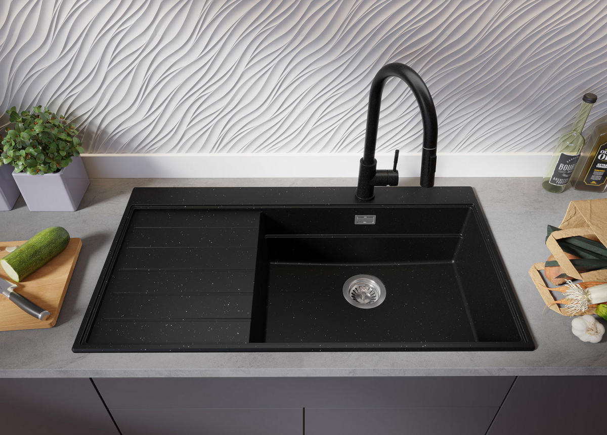 SPÜLBECKEN Sydney, 2-er set Schwarz Metallic 90/50 cm 1 Becken + Ablauf-Set + Küchenzubehörset ab 60er Unterschrank - Chromfarben/Schwarz Hochglanz, Kunststoff (90/20/50cm) - Primagran