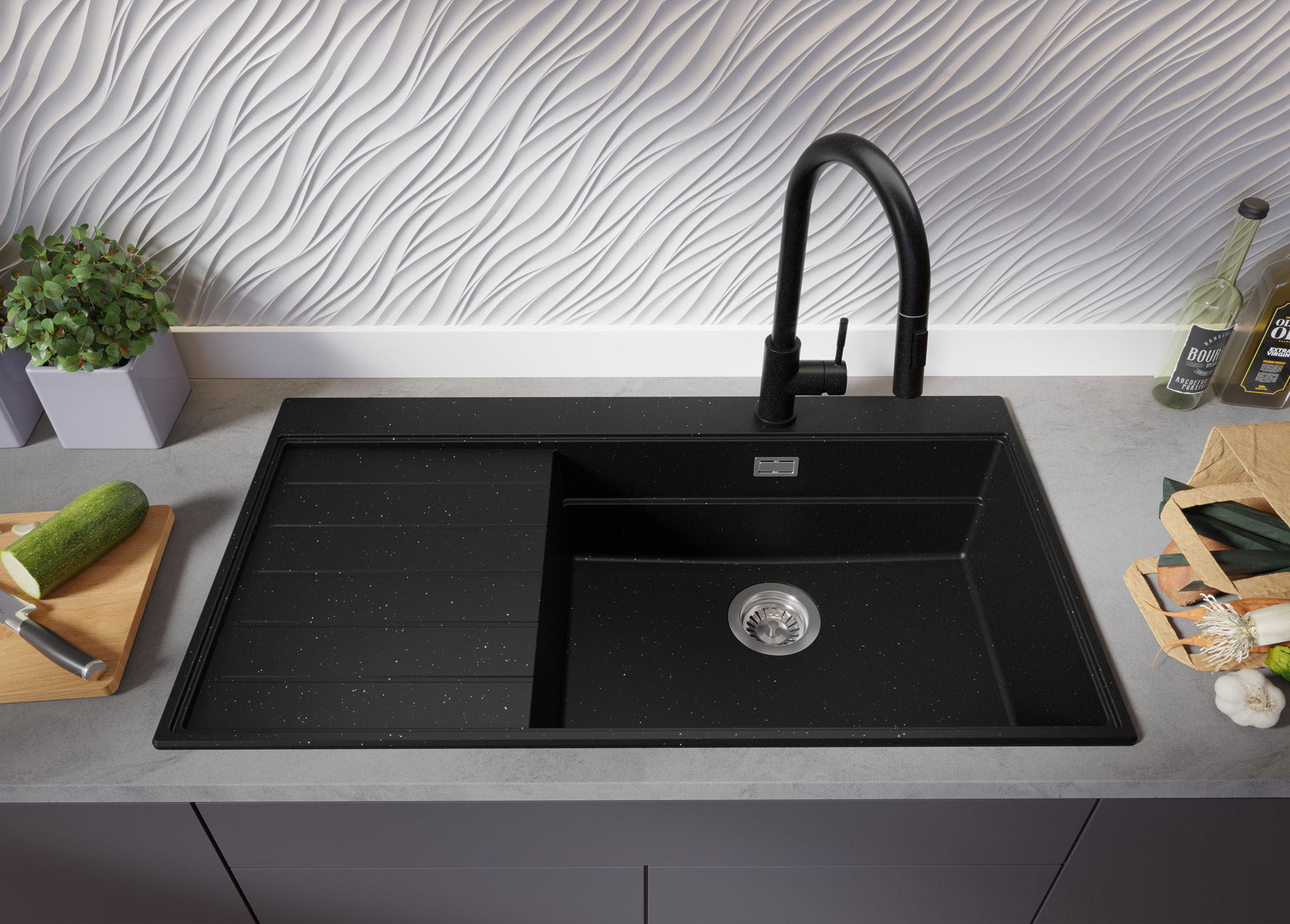 Thumbnail - Primagran Spülbecken, Schwarz Hochglanz, Chrom, Chrom, Beige, Kunststoff, Rechteckig, 90x20x50 cm, Küchen, Küchenausstat...