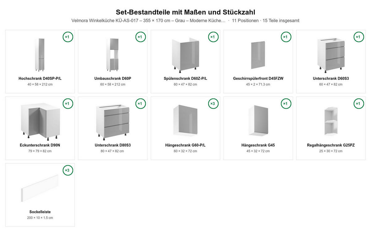L-KÜCHE Velmora Grau Hochglanz – 355 × 170 cm – KÜ-AS-017 – Grau - Grau, Holzwerkstoff (355/212/58cm) - ROYAL24_MARKT