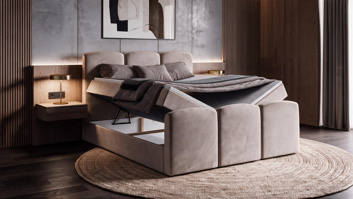 BOXBETT SAVIO 180x200 cm mit Bettkasten, Bonell-Matratze H3 und Topper – Samt Beige - Beige, Textil (180/200cm) - Luxkor24