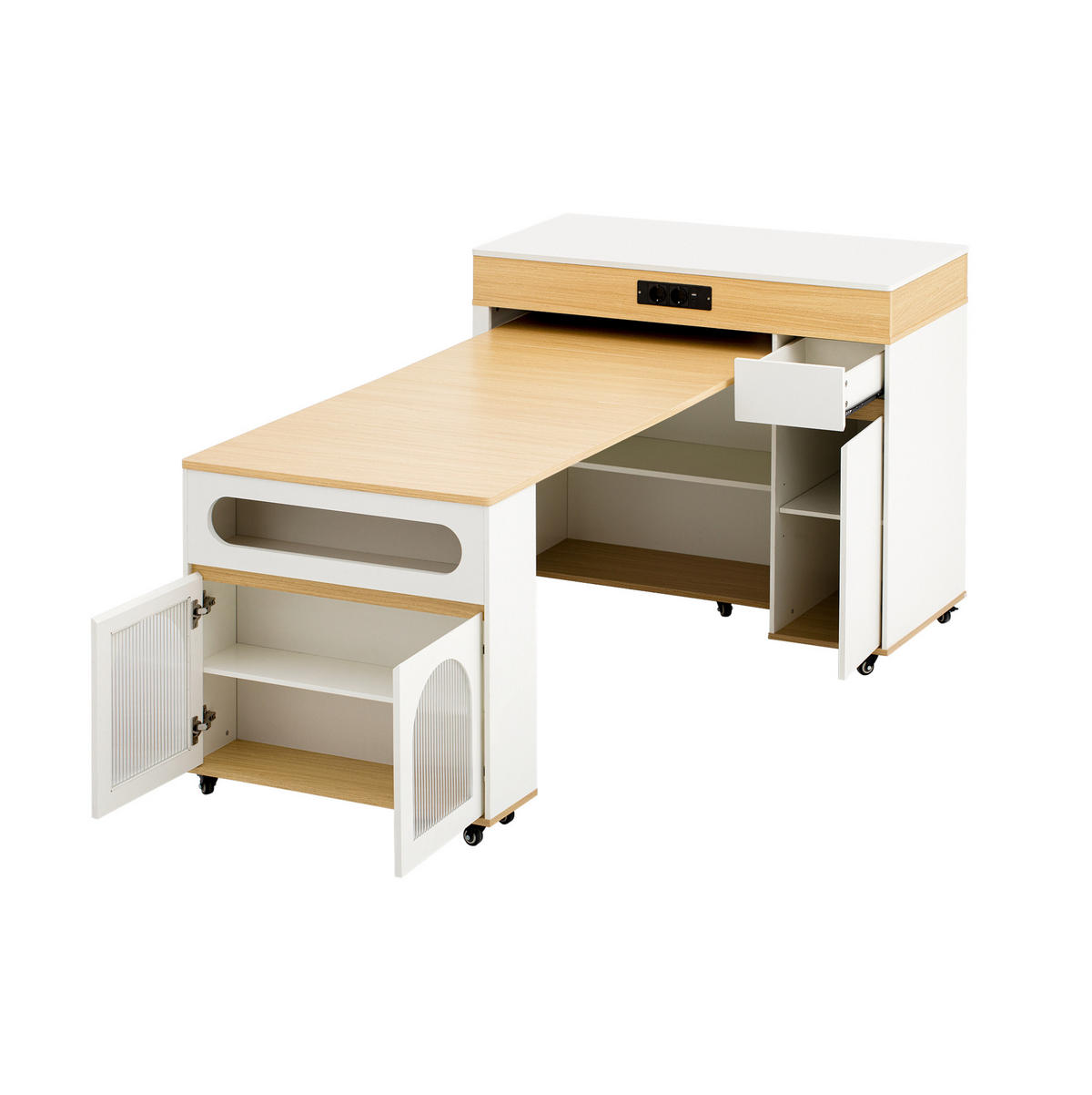 KUHINJSKI otok 50,5-187,5/110,5/95,5 cm bijelo-prirodni od MDF-a s izvlačnom pločom i utičnicama - bijela, drvni materijal (110.5/95.5/50.5cm) - OKWISH
