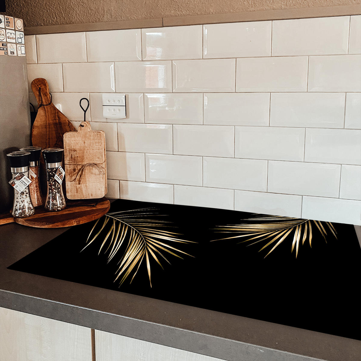 HERDABDECKPLATTE Blätter - Pflanzen - Gold - Schwarz - Luxus Ceranfeldabdeckung 85x52 cm - Goldfarben, Kunststoff (85/52/0.2cm) - MuchoWow