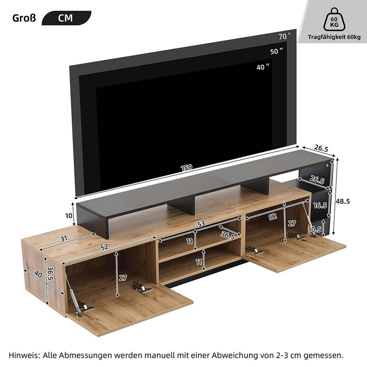LOWBOARD für TV-Geräte bis 70 Zoll in Originalholzfarbe und schwarzem - Alteiche, Holz (26.5/48.5/159cm) - KOMHTOM
