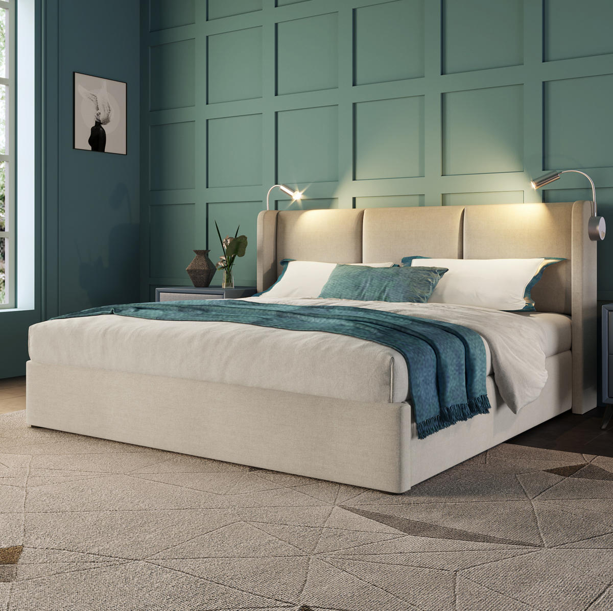 BETT mit Bettkasten 140x200 cm Leinen Beige mit Leselicht und USB - Beige, Metall (140/200cm) - Meubliv