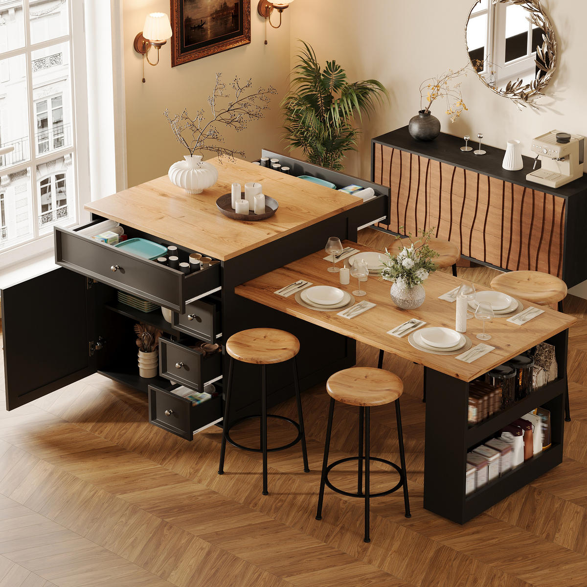 KÜCHENINSEL Ausziehbar Schubladen Rollen Holzoptik Schwarz - Schwarz, Holzwerkstoff (184/94/70cm) - FLIEKS
