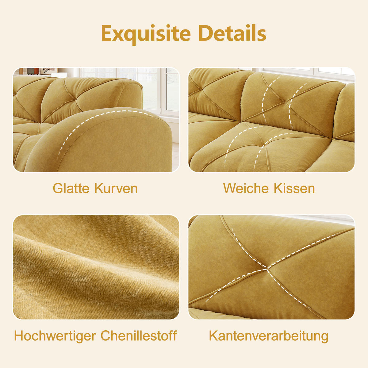 2-SITZER SOFA chenille modular & montagefrei - Gelb, Textil (204/76/95cm) - Urban Meuble