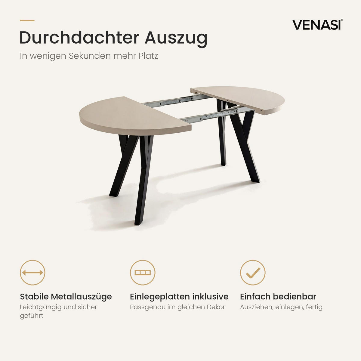 ESSTISCH ausziehbar rund 90-190 cm ATO Kaschmir, Auszugstisch mit Einlegeplatte - Kaschmir/Schwarz, Holzwerkstoff (90/90/77cm) - VENASI MÖBEL