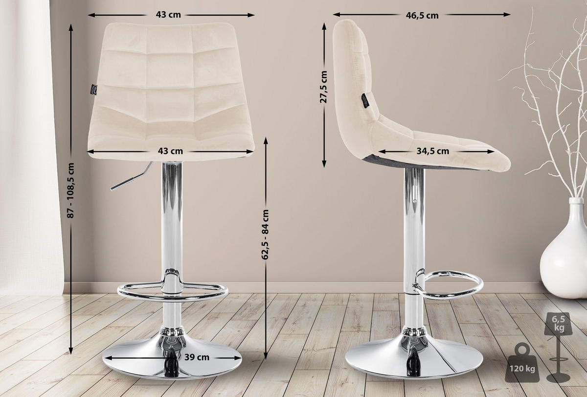 BARHOCKER James Samt chrom creme - Chromfarben/Creme, Textil/Metall (43/108.5/46.5cm) - TPFLiving