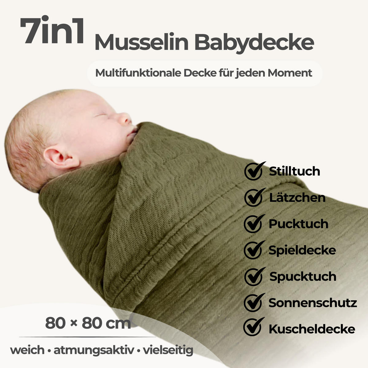 MUSSELINDECKE Babydecke Stilltuch Einschlagdecke Säuglingsdecke Mulltuch ab Geburt - Olivgrün, Textil (80/80cm) - nordic coast company