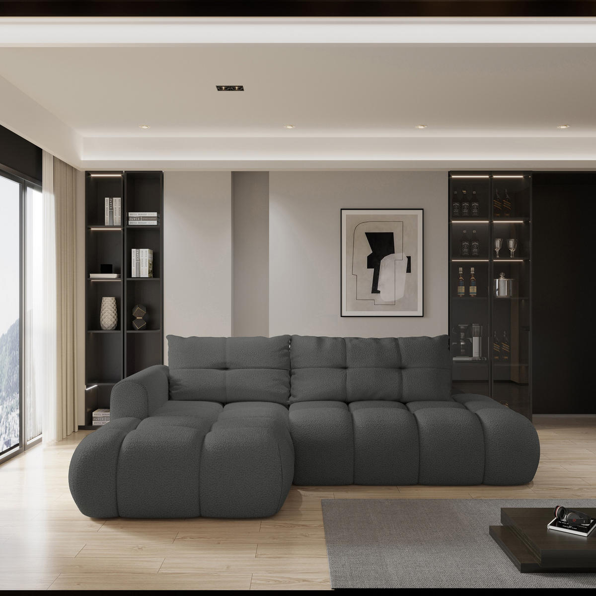 ROHOVÁ SEDAČKA FLUMA šedá - šedá/černá, dřevo/textil (279/158cm) - MASSENO