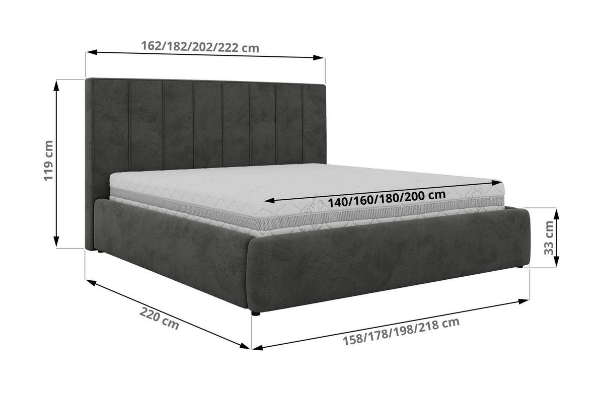 ČALOUNĚNÁ POSTEL TENARDO CLASSIC 200/200 - Tmavě šedá Samet - bez matrace - černá/tmavě šedá, textil/plast (200/200cm) - MKS