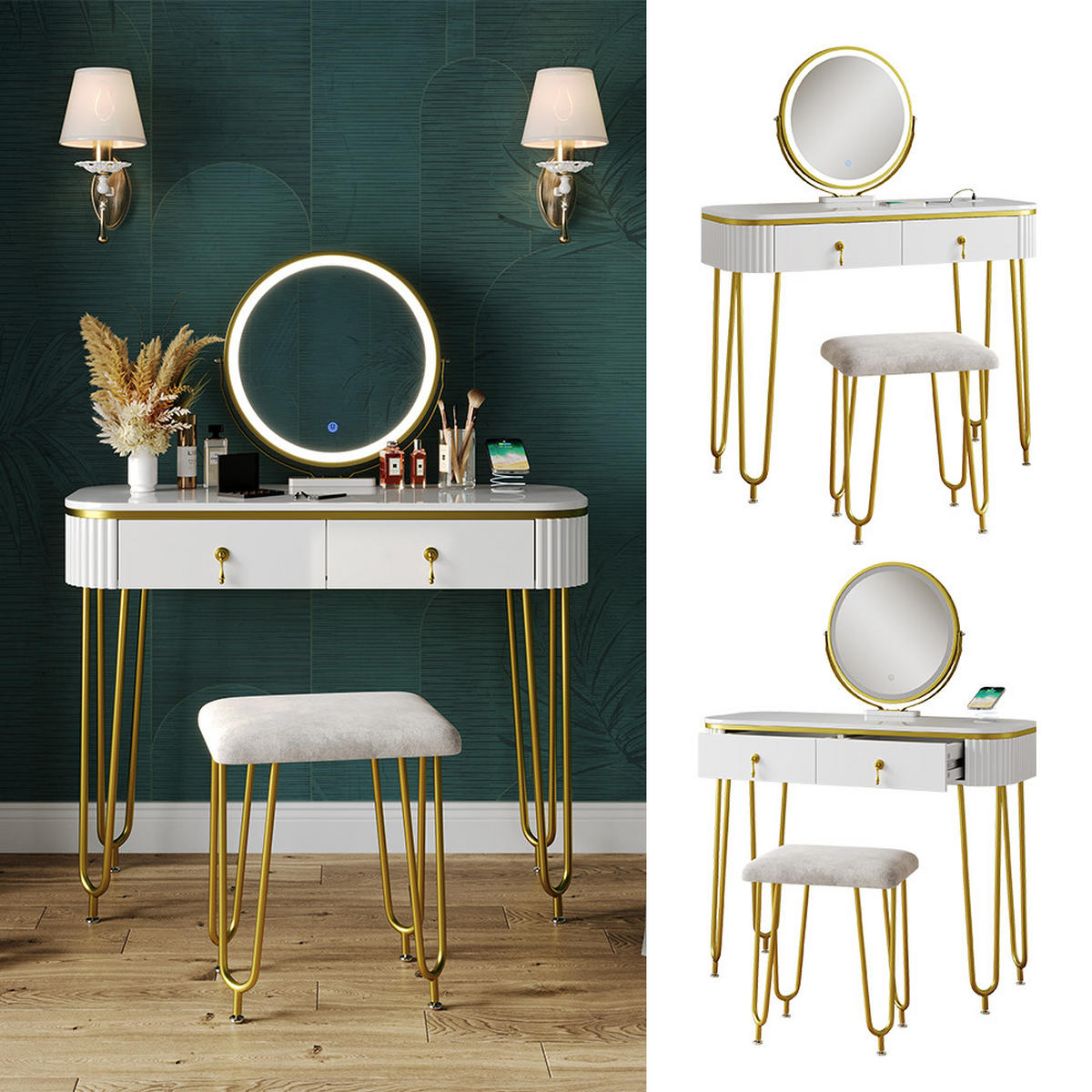 SCHMINKTISCH Grace Weiß 100 cm mit LED-Spiegel QI-Ladestation und Hocker - Weiß Hochglanz, Holzwerkstoff (100/126/40cm) - Vicco