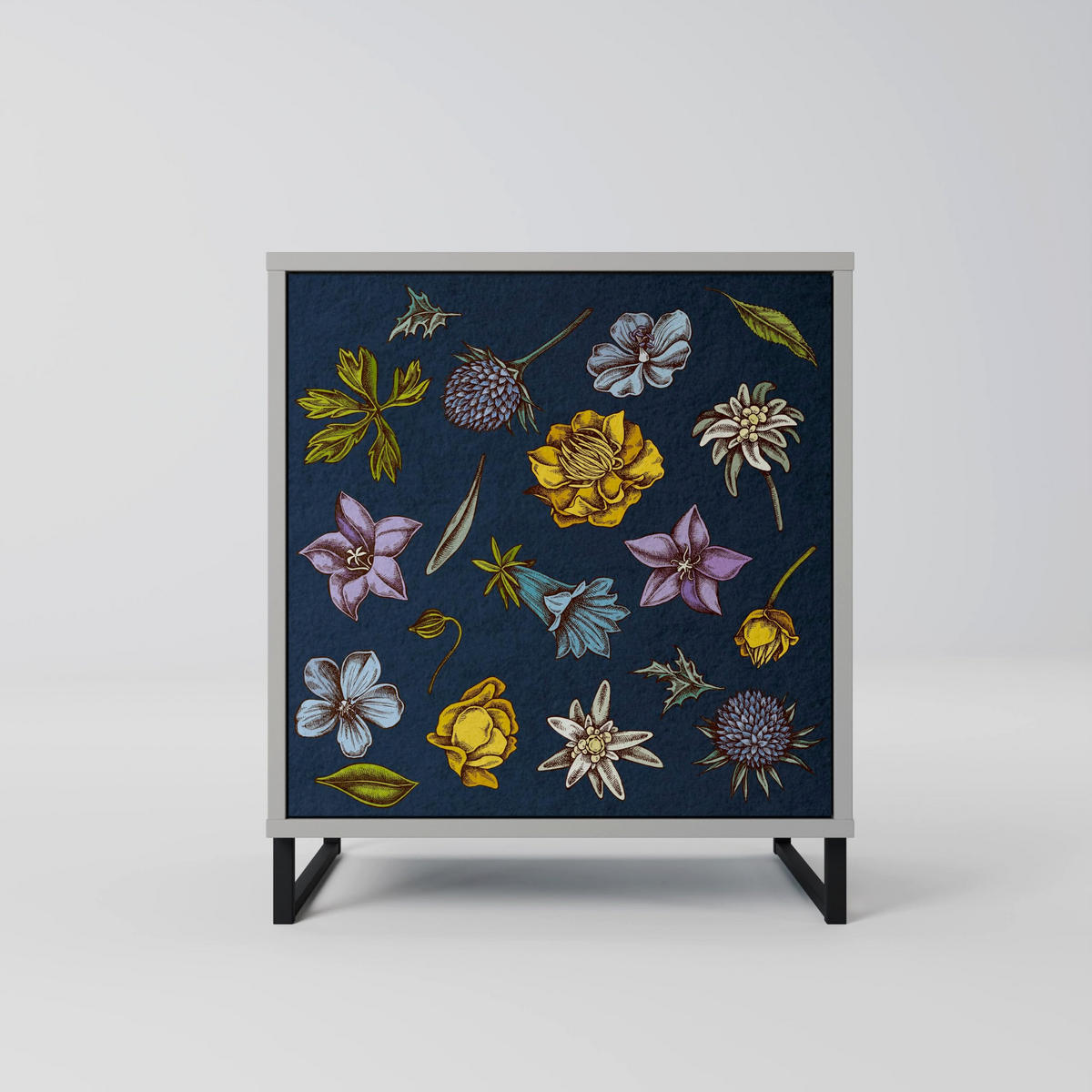 SIDEBOARD FLOWERS ON NAVY BLUE, Grau, 57,5x42x70,5 cm, Schwarze Metall-Sternfüße - Multicolor/Schwarz, Holzwerkstoff/Metall (57.5/70.5/42cm) - SpaceRebels