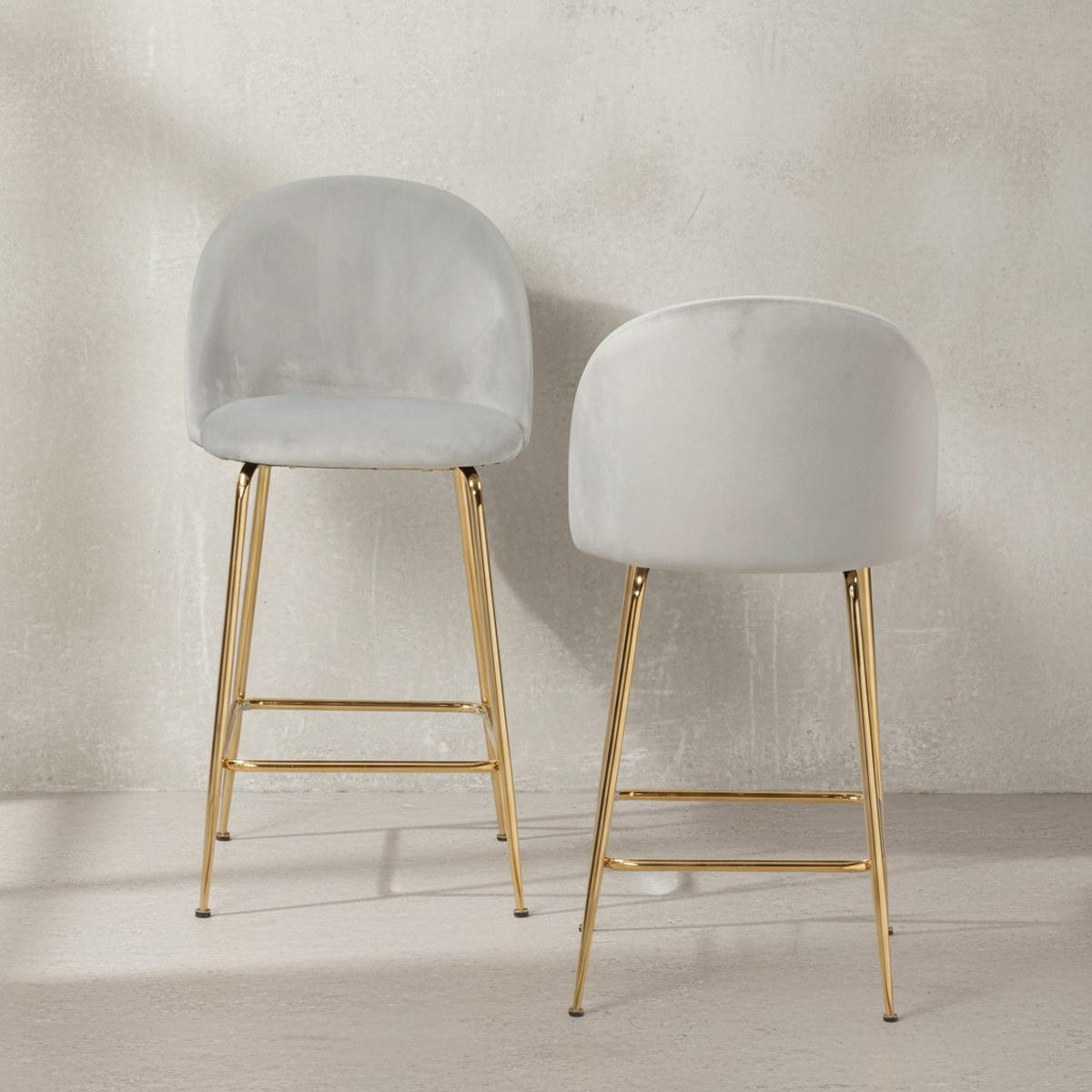 BARHOCKER 2er Set Samt Lehne Goldgestell Skandi-Stil Gepolstert, Grau 50x50x102 cm - Goldfarben/Grau, Textil/Metall (50/102/50cm) - KADIMA DESIGN