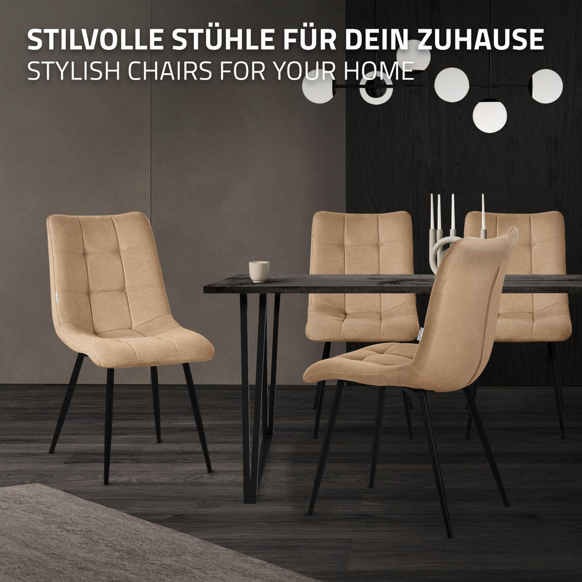 ESSZIMMERSTÜHLE 6ER-SET Hellbraun Stoffbezug - Hellbraun/Schwarz, Textil/Metall (49/89/60.5cm) - ML-DESIGN