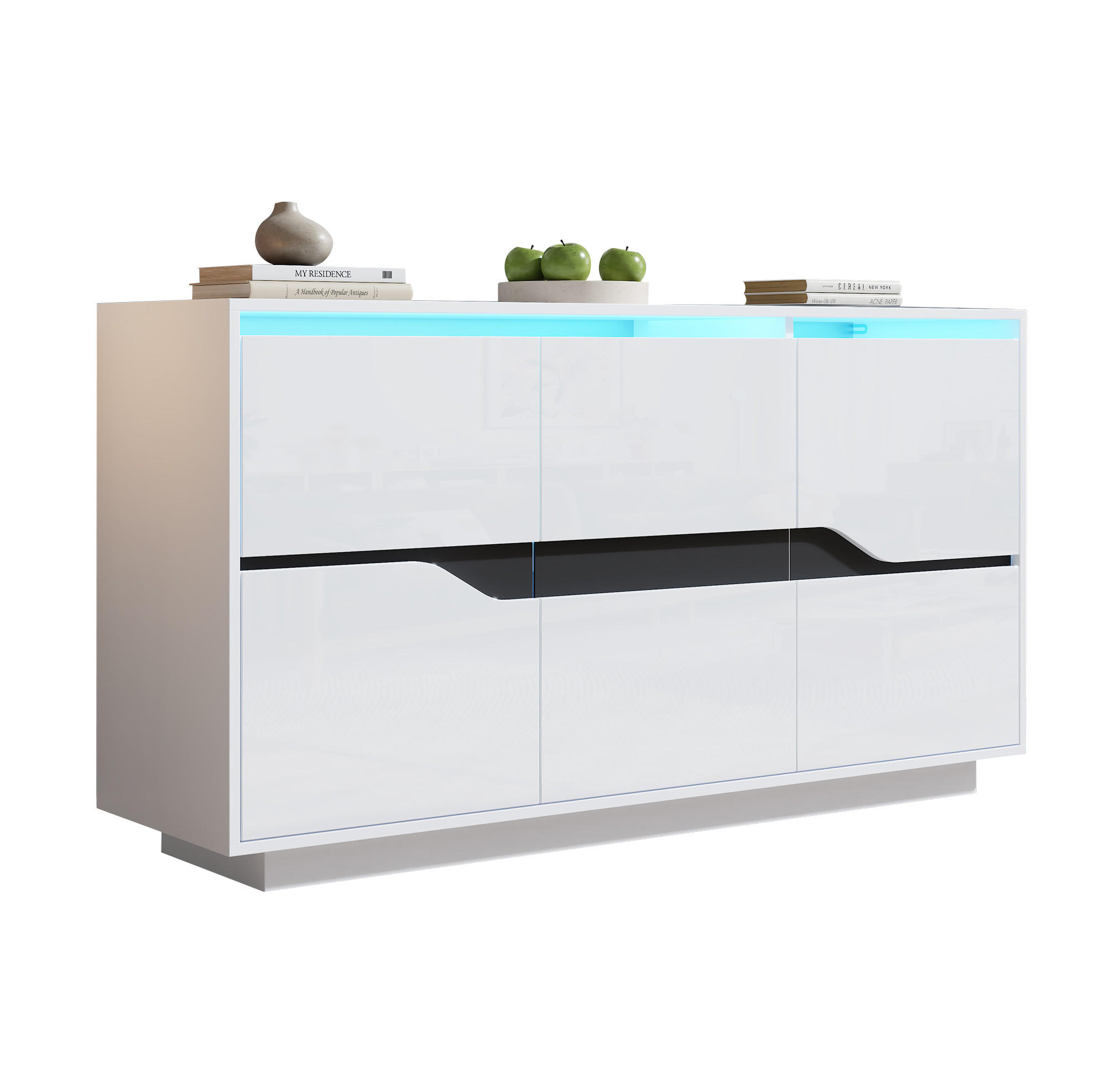 SIDEBOARD 140/40/70 cm weiß/schwarz aus Spanplatte mit LED und 3 Türen - Weiß, Holzwerkstoff (140/70/40cm) - OKWISH