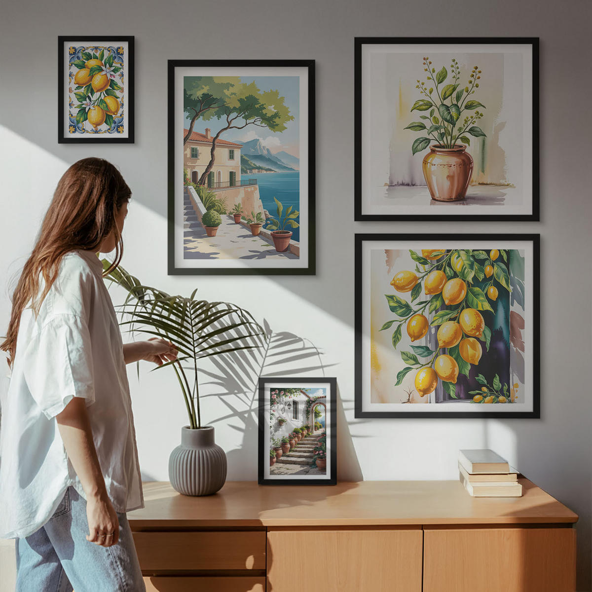 WANDBILDER 5er-Set - 50x50 cm & 20x30 cm & 40x60 cm Schwarzer Rahmen - Zitrusbaum im Fenster am Meer - Schwarz, Kunststoff (40/60cm) - ArtPrintCave